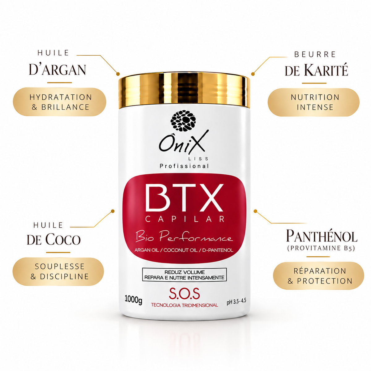 Botox capillaire Onix – soin réparateur au beurre de karité, huile d’argan, huile de coco et panthénol pour nutrition, brillance et protection des cheveux.
