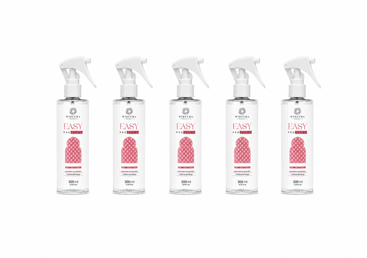 Lot de 5 sprays thermoprotecteurs Easy Protech+ Wideyma 200 ml pour la revente – protection thermique professionnelle jusqu’à 230°C, hydratation, réparation et démêlage des cheveux.