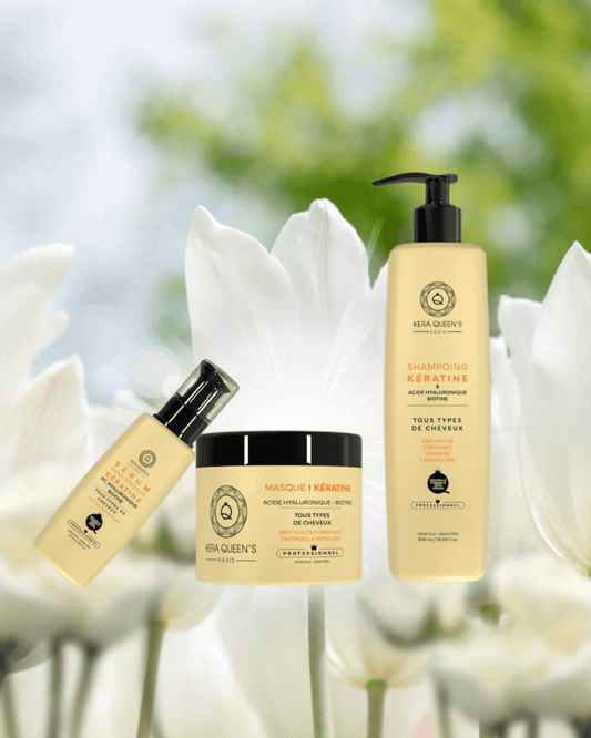 Trio Kératine, Acide Hyaluronique & Biotine Shampoing + Masque + Sérum ( 500 ml ) - MEILLEUR LISSAGE