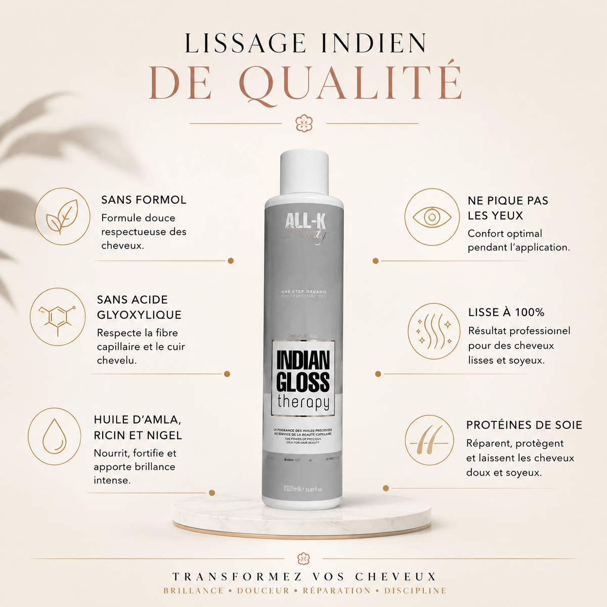 Indian Gloss Therapy All-K – lissage indien professionnel sans formol ni acide glyoxylique aux huiles d’amla, ricin, nigelle et protéines de soie