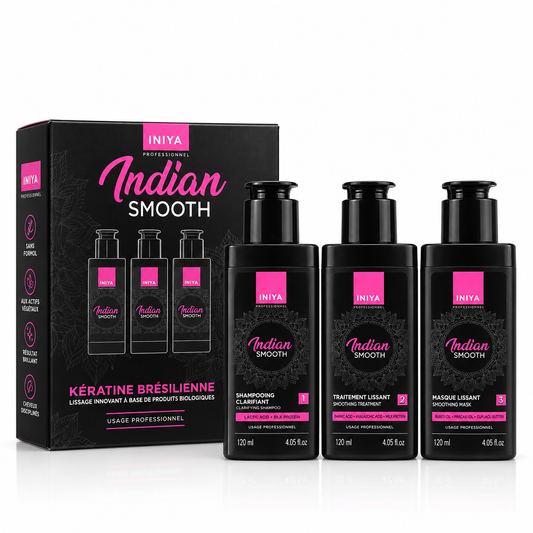 Mini Kit Lissage Iniya Indien & Tanin 3 x 120 ml – shampoing clarifiant, traitement lissant et masque post-lissage
