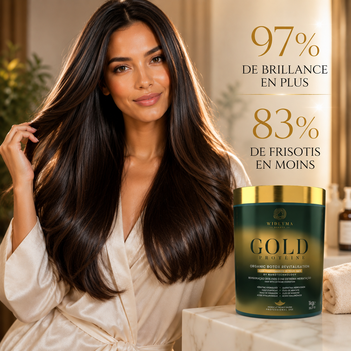 Botox capillaire professionnel Gold  Wideyma Beauty, soin lissant hydratant anti-frisottis pour cheveux brillants et soyeux.