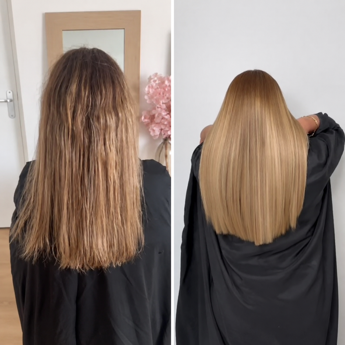 Avant après Lissage brésilien pour cheveux blonds indisciplinés 