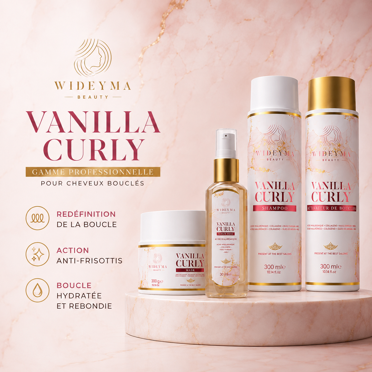 Vanilla Curly Wideyma, gamme professionnelle pour cheveux bouclés : shampoing, activateur de boucles, masque et sérum définition. Hydratation intense, redéfinition des boucles et action anti-frisottis.